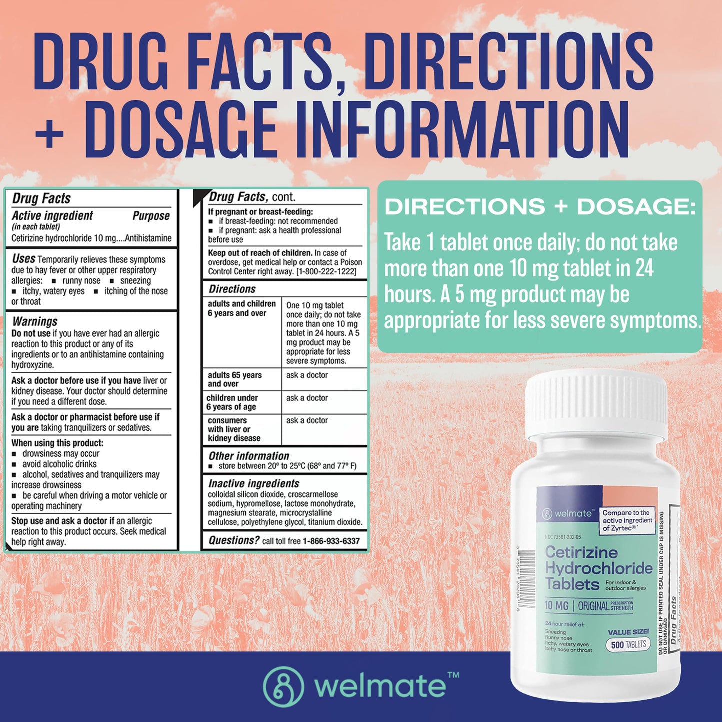 WELMATE Allergy Relief – Cetirizine 10mg, 24-Hour Non-Drowsy (500 Tabs)