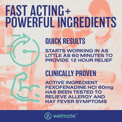 WELMATE Fexofenadine Hydrochloride 60mg (100 Tablets) | Non-Drowsy 12-Hour Allergy Relief