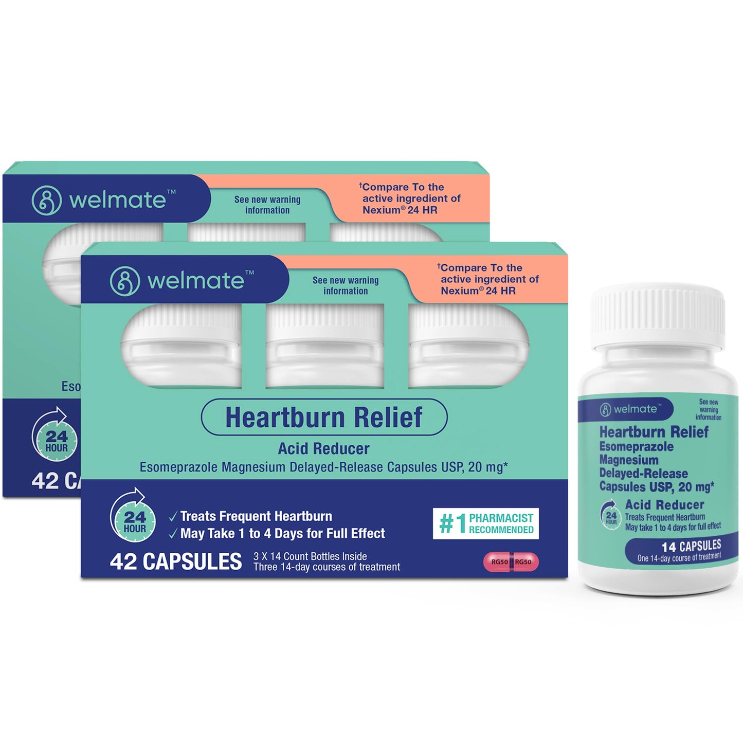 WELMATE Esomeprazole Magnesium 20 mg — 84 Capsules (6 Bottles) | Delayed-Release Heartburn Relief