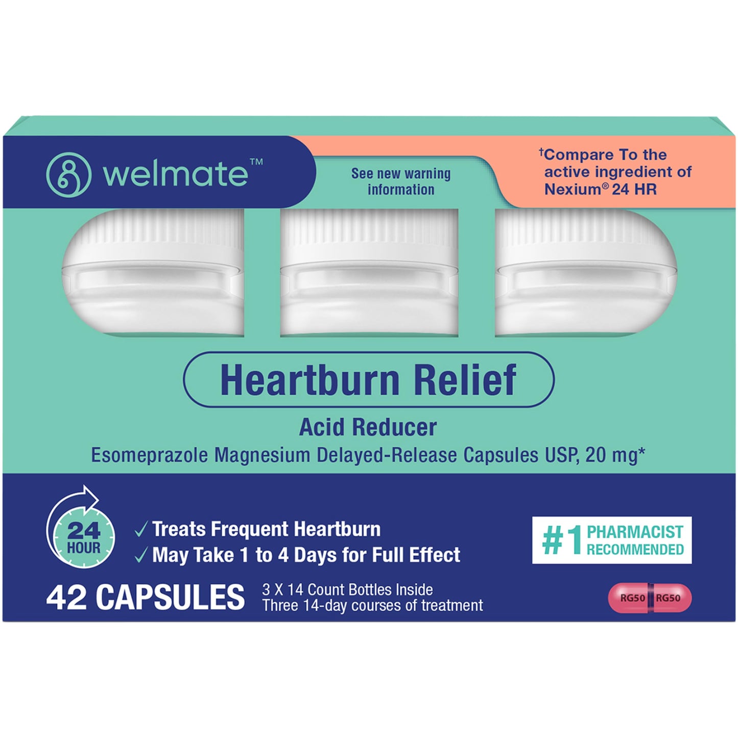 WELMATE Esomeprazole Magnesium 20mg — Heartburn Relief, 24-Hour Protection — 42 Capsules