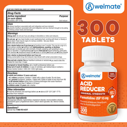 WELMATE Famotidine 10mg Original Strength – Heartburn Relief, 300 Tablets