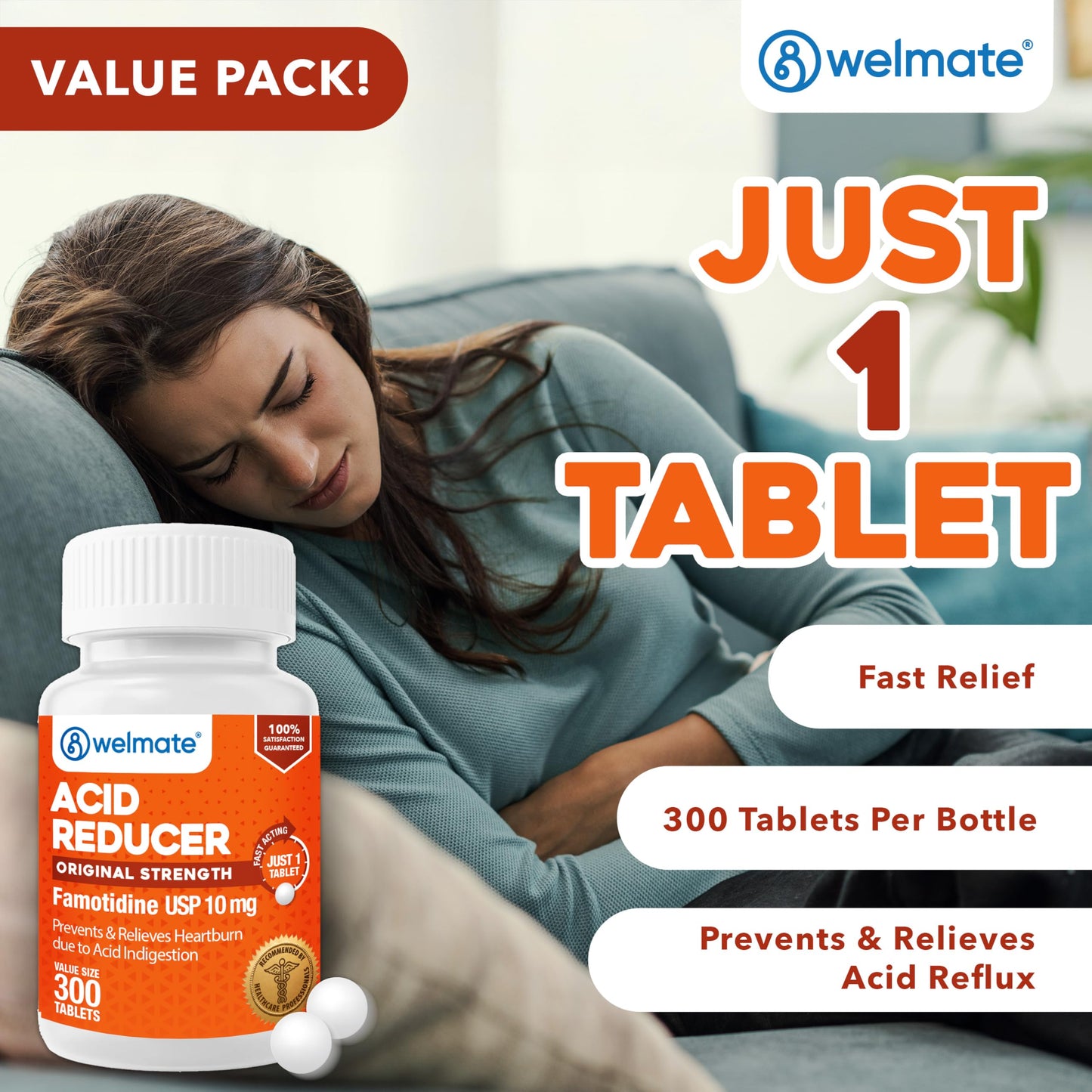WELMATE Famotidine 10mg Original Strength – Heartburn Relief, 300 Tablets