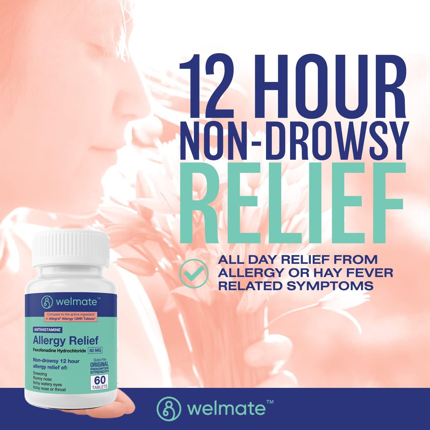 WELMATE Fexofenadine HCl 60mg – 60 Tablets | Non-Drowsy Allergy Relief 12 Hours Gluten Free OTC