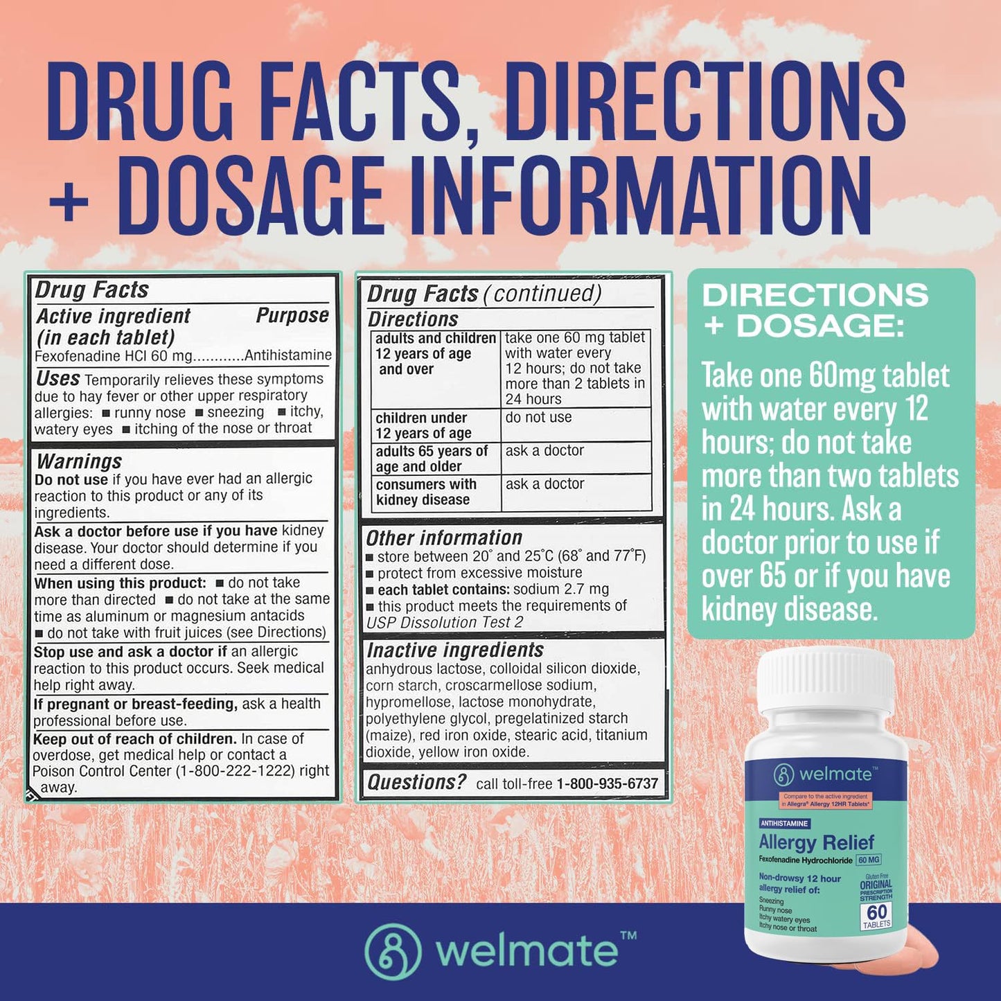 WELMATE Fexofenadine HCl 60mg – 60 Tablets | Non-Drowsy Allergy Relief 12 Hours Gluten Free OTC