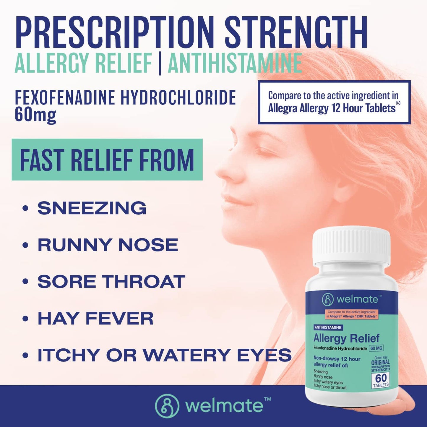 WELMATE Fexofenadine HCl 60mg – 60 Tablets | Non-Drowsy Allergy Relief 12 Hours Gluten Free OTC