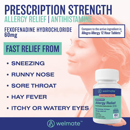 WELMATE Fexofenadine HCl 60mg – 60 Tablets | Non-Drowsy Allergy Relief 12 Hours Gluten Free OTC