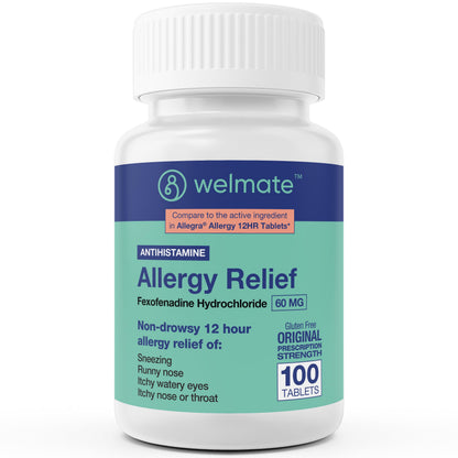 WELMATE Fexofenadine Hydrochloride 60mg (100 Tablets) | Non-Drowsy 12-Hour Allergy Relief