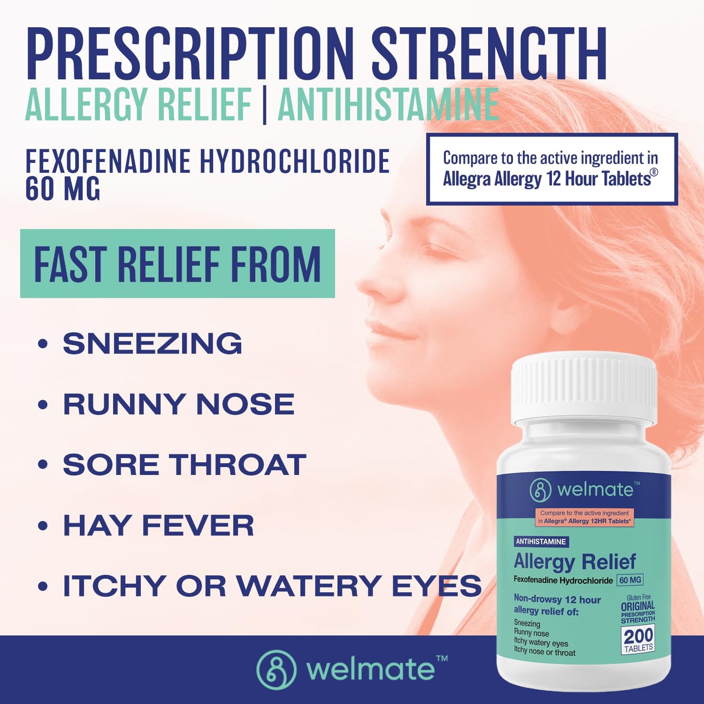 WELMATE Fexofenadine HCl 60mg – Non-Drowsy, 12-Hour Allergy Relief (200 Tablets)