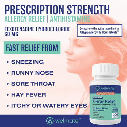 WELMATE Fexofenadine HCl 60mg – Non-Drowsy, 12-Hour Allergy Relief (200 Tablets)
