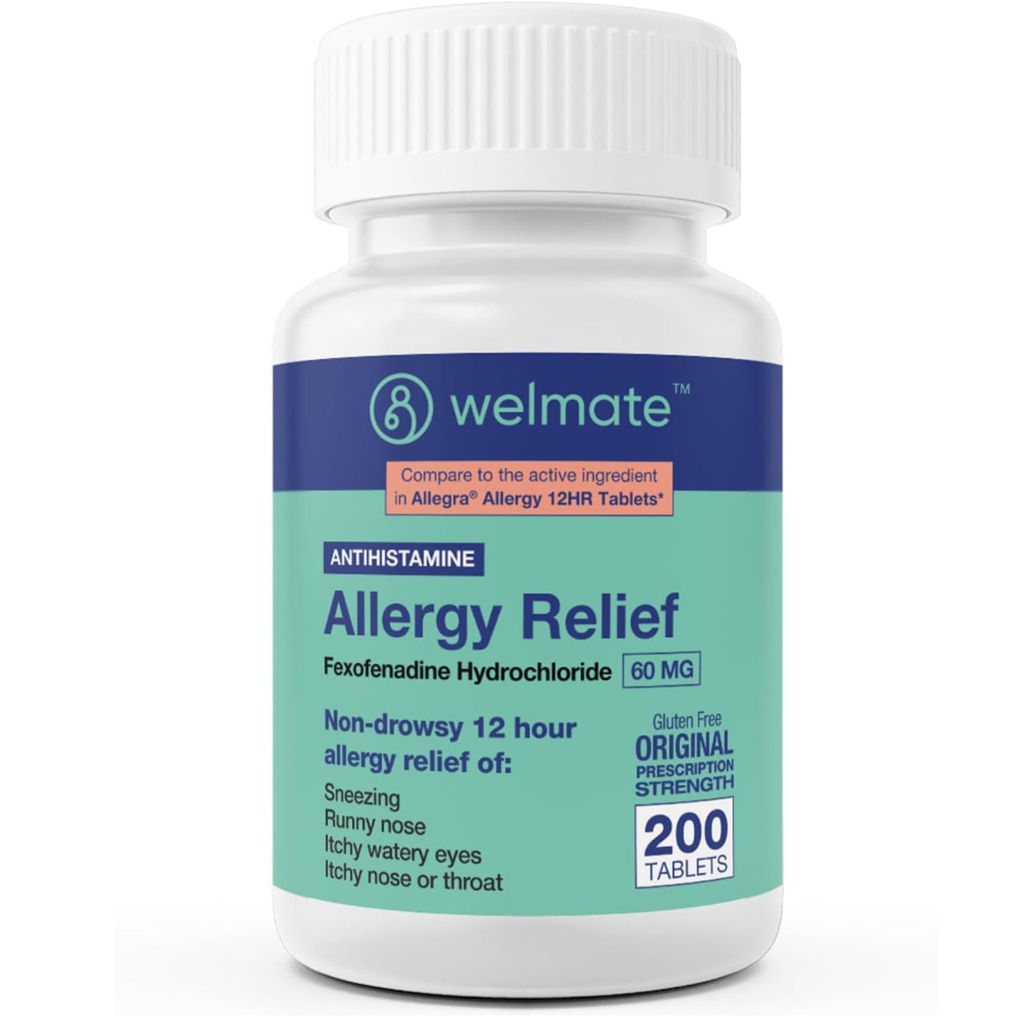 WELMATE Fexofenadine HCl 60mg – Non-Drowsy, 12-Hour Allergy Relief (200 Tablets)