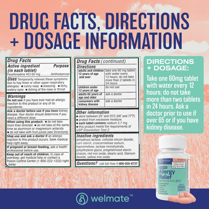 WELMATE Fexofenadine Hydrochloride 60mg (100 Tablets) | Non-Drowsy 12-Hour Allergy Relief