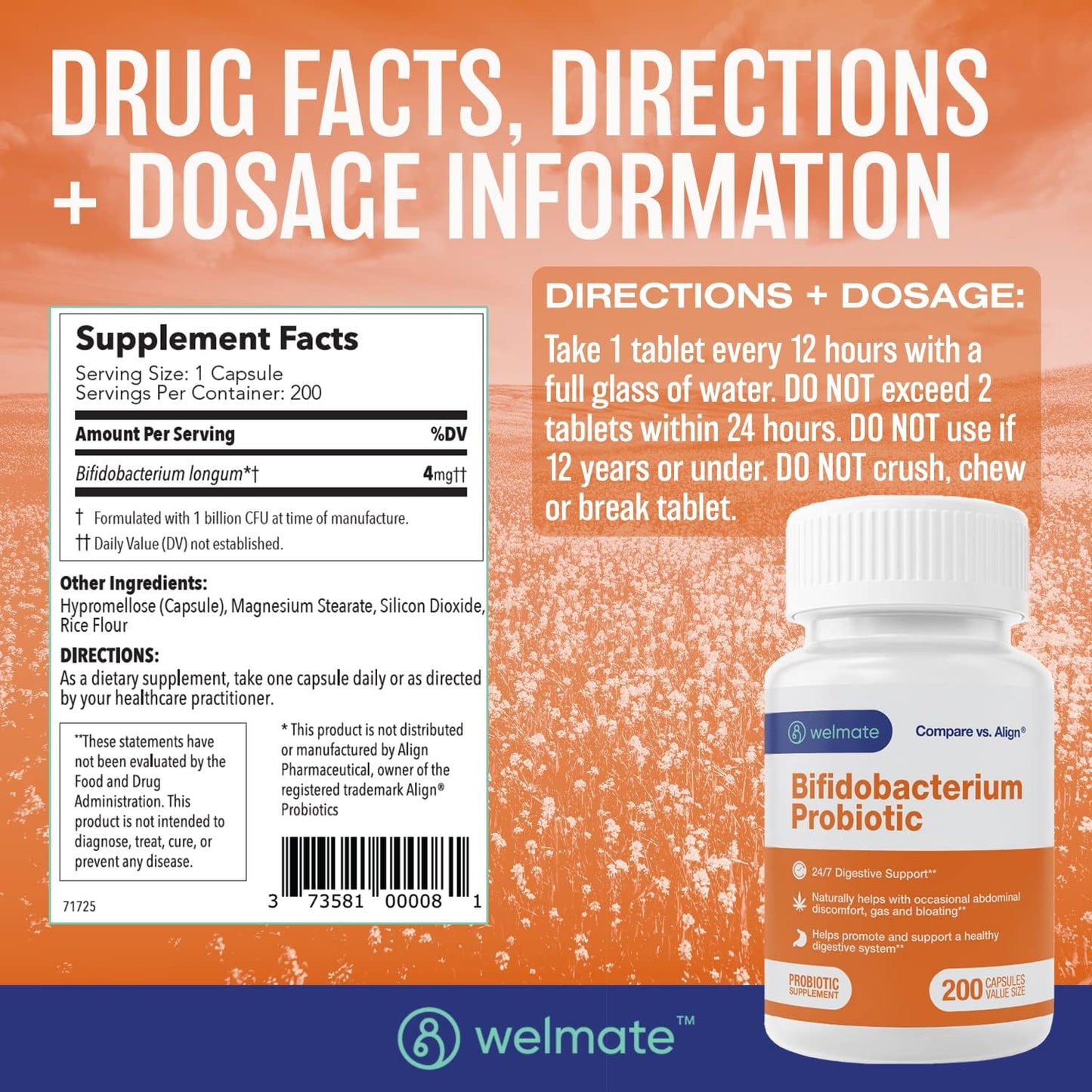 WELMATE Bifidobacterium Probiotic – Gut & Immune Support | 200 Count