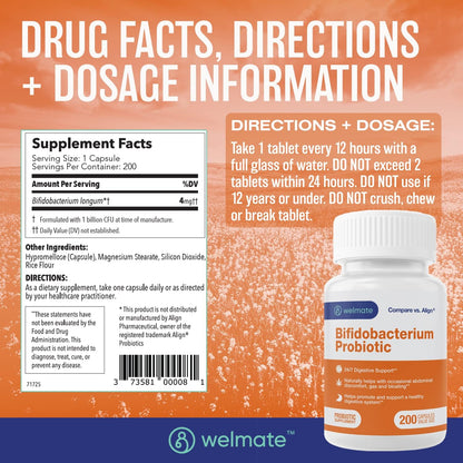 WELMATE Bifidobacterium Probiotic – Gut & Immune Support | 200 Count