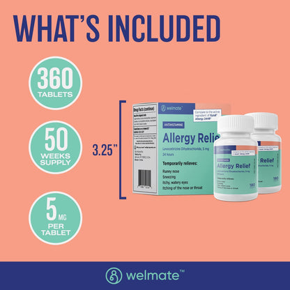 WELMATE Levocetirizine Dihydrochloride 5mg (360 ct) – Non-Drowsy 24-Hour Allergy Relief | OTC Antihistamine