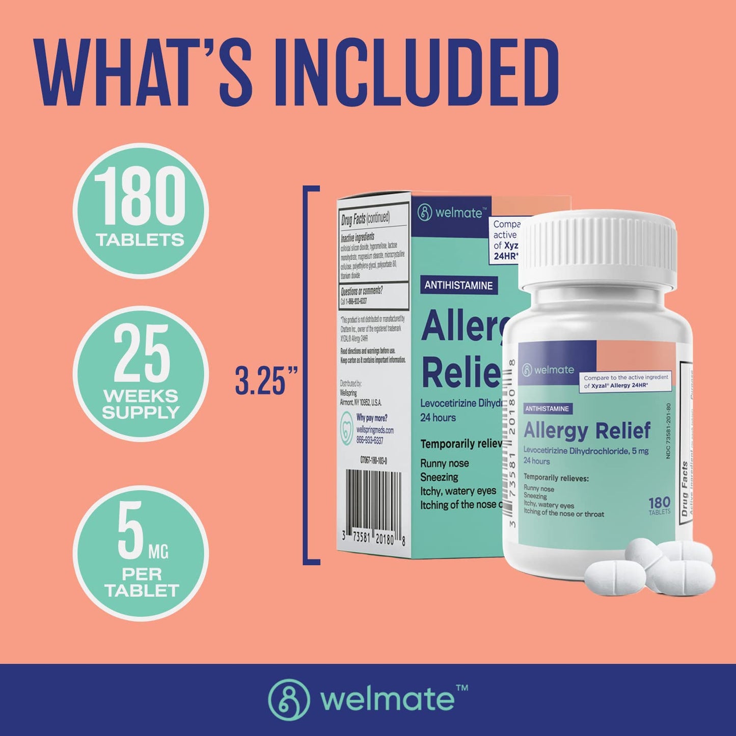 WELMATE Levocetirizine Dihydrochloride 5mg (180 ct) – Non-Drowsy 24-Hour Allergy Relief | OTC Antihistamine