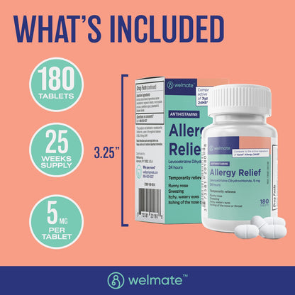 WELMATE Levocetirizine Dihydrochloride 5mg (180 ct) – Non-Drowsy 24-Hour Allergy Relief | OTC Antihistamine