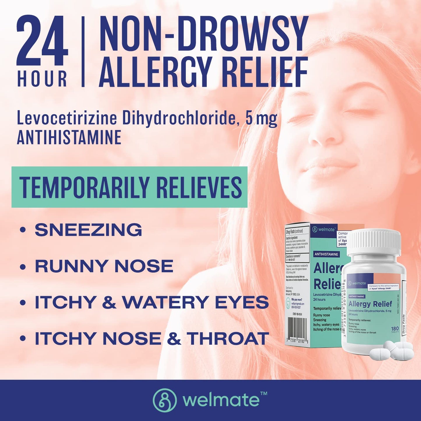 WELMATE Levocetirizine Dihydrochloride 5mg (180 ct) – Non-Drowsy 24-Hour Allergy Relief | OTC Antihistamine