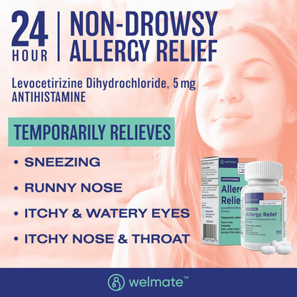 WELMATE Levocetirizine Dihydrochloride 5mg (180 ct) – Non-Drowsy 24-Hour Allergy Relief | OTC Antihistamine