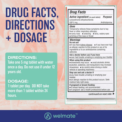 WELMATE Levocetirizine Dihydrochloride 5mg (180 ct) – Non-Drowsy 24-Hour Allergy Relief | OTC Antihistamine