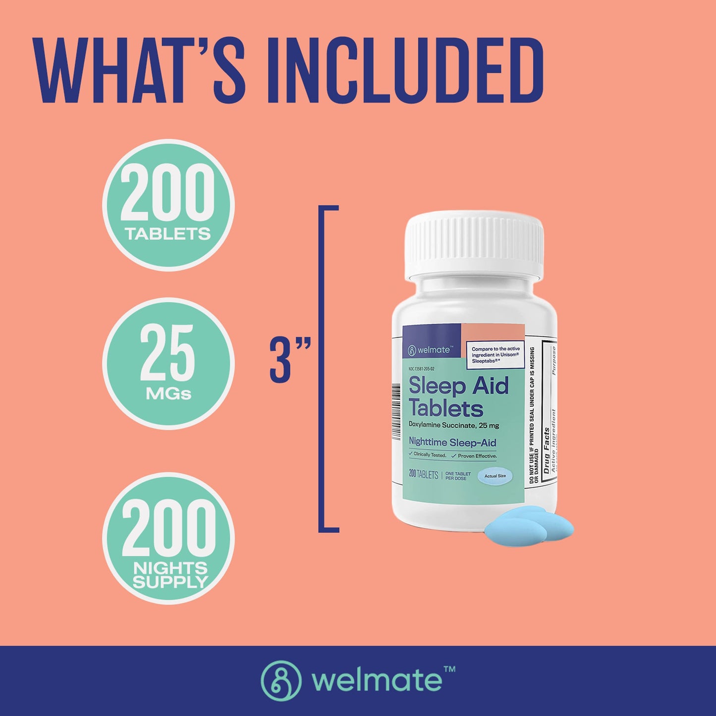 WELMATE Nighttime Sleep Aid 25 mg Doxylamine Succinate – 200 Tablets | Adults & 12+