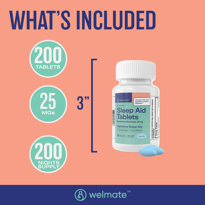WELMATE Nighttime Sleep Aid 25 mg Doxylamine Succinate – 200 Tablets | Adults & 12+