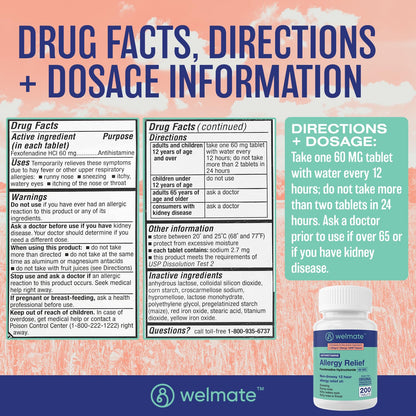 WELMATE Fexofenadine HCl 60mg – Non-Drowsy, 12-Hour Allergy Relief (200 Tablets)