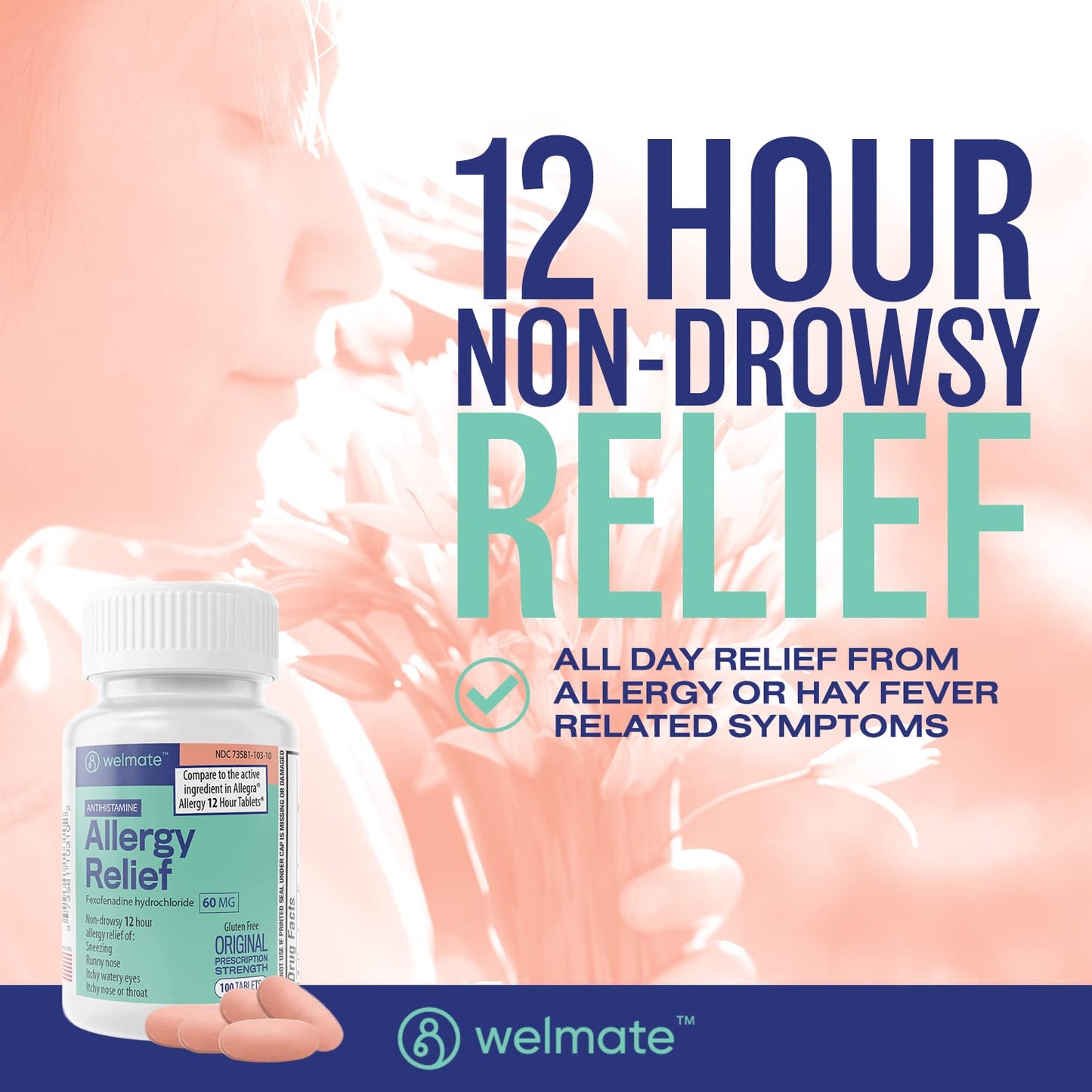 WELMATE Fexofenadine Hydrochloride 60mg (100 Tablets) | Non-Drowsy 12-Hour Allergy Relief