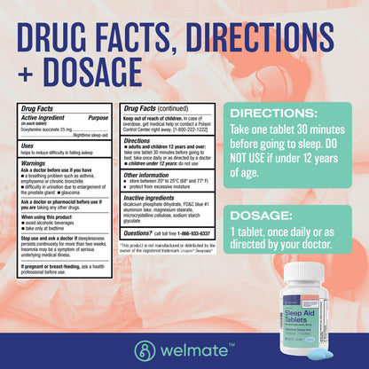 WELMATE Nighttime Sleep Aid 25 mg Doxylamine Succinate – 200 Tablets | Adults & 12+