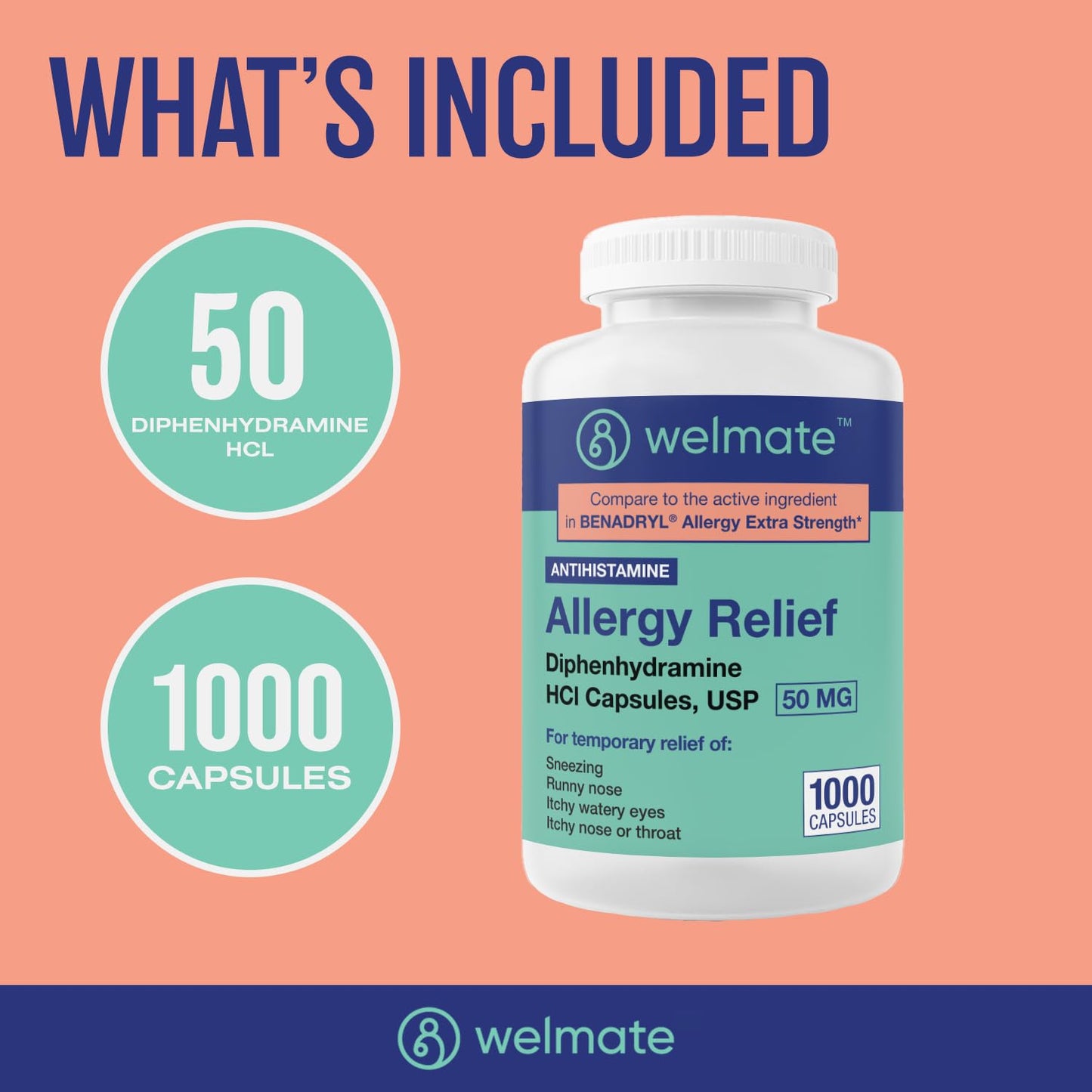 WELMATE Allergy Relief Diphenhydramine 50 mg — 1000 Count Capsules | Antihistamine for Sneezing, Runny Nose & Itchy Eyes