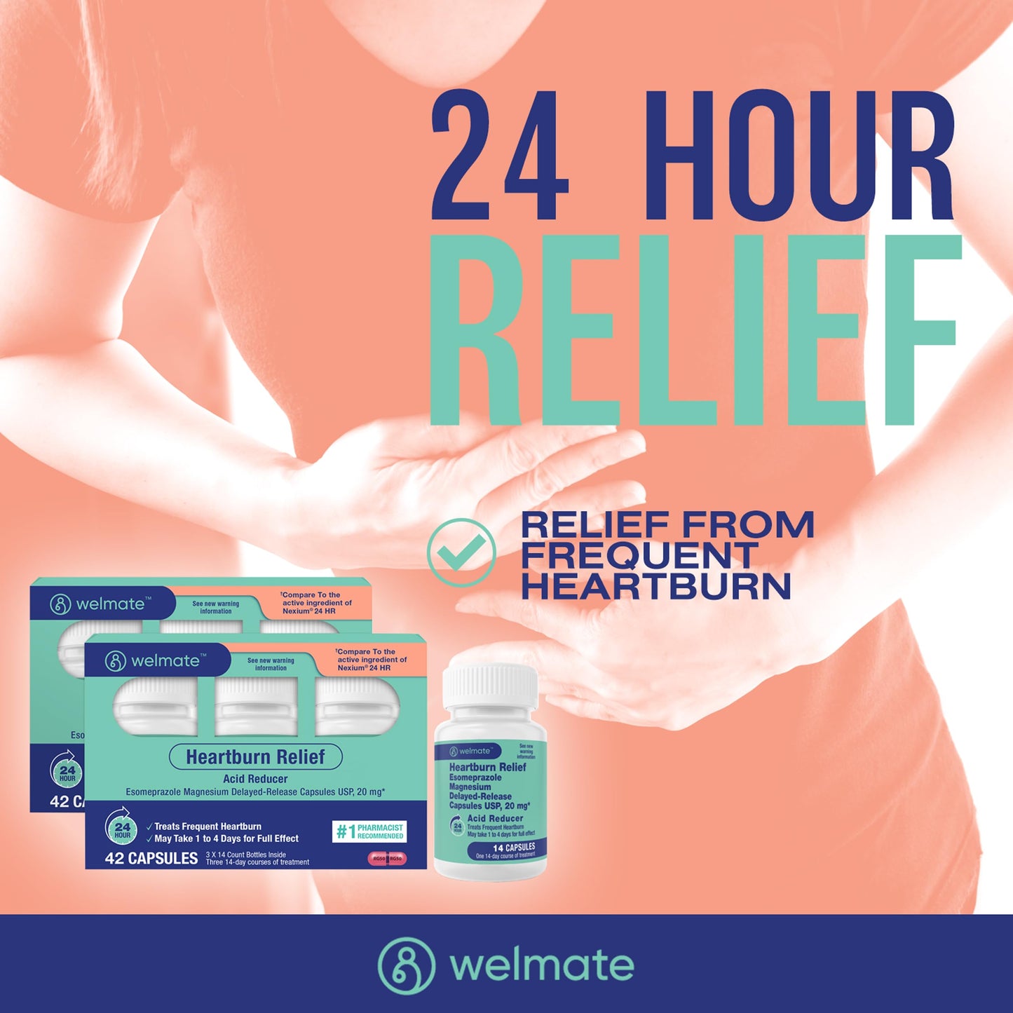 WELMATE Esomeprazole Magnesium 20mg — Heartburn Relief, 24-Hour Protection — 42 Capsules