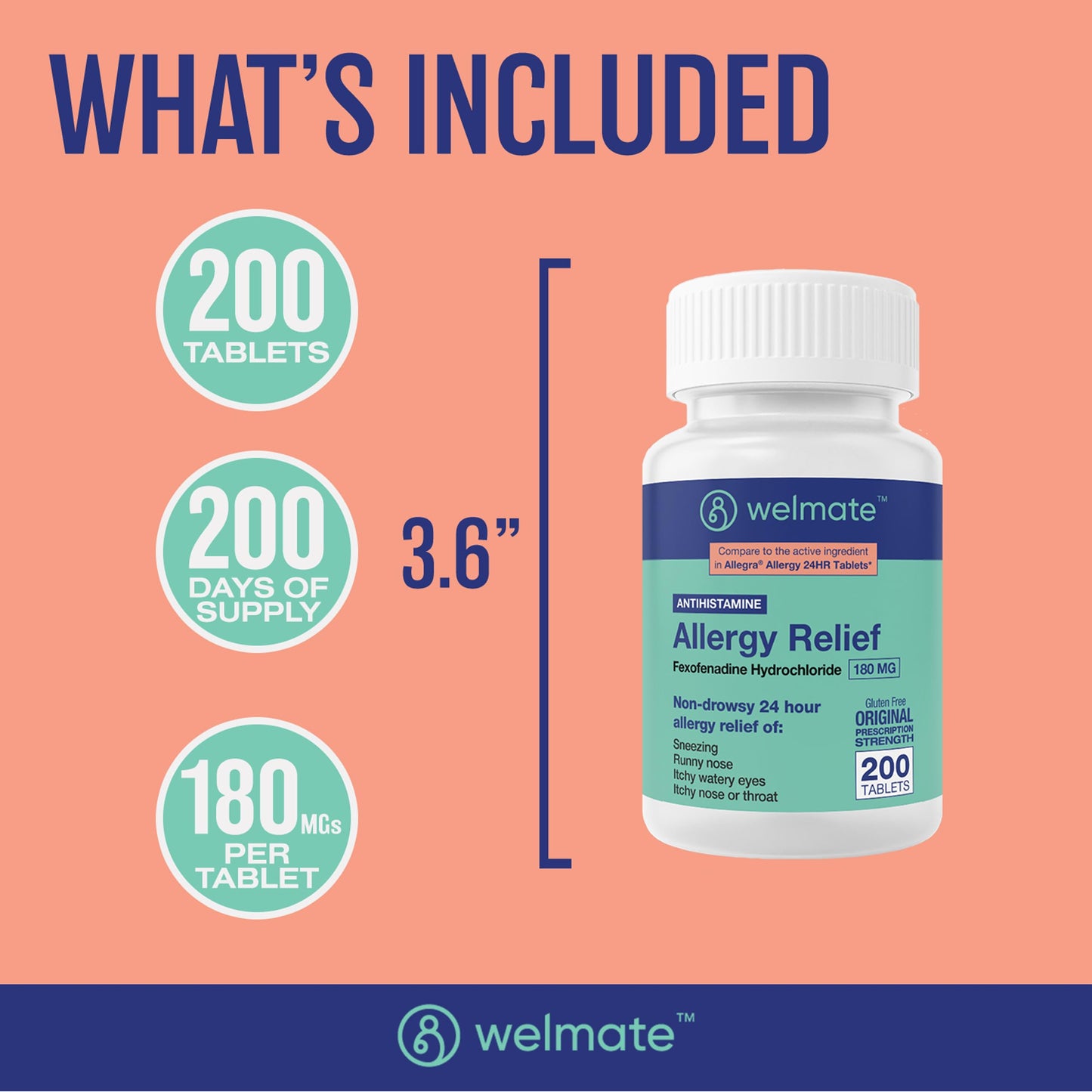 WELMATE Allergy Relief - Fexofenadine HCl 180 mg, Non-Drowsy, 200 Tablets