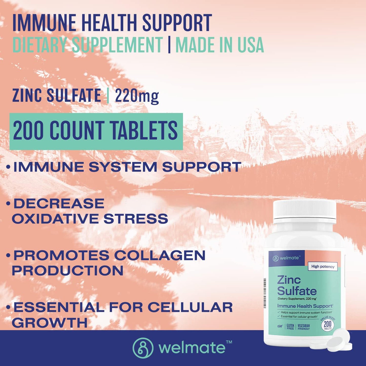 WELMATE Zinc Sulfate 220mg | Immune Support | Dietary Supplement | Made in USA