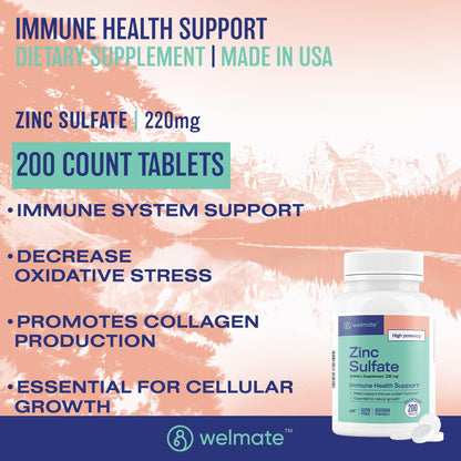 WELMATE Zinc Sulfate 220mg | Immune Support | Dietary Supplement | Made in USA