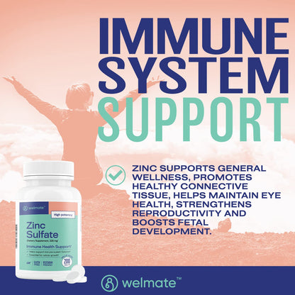 WELMATE Zinc Sulfate 220mg | Immune Support | Dietary Supplement | Made in USA