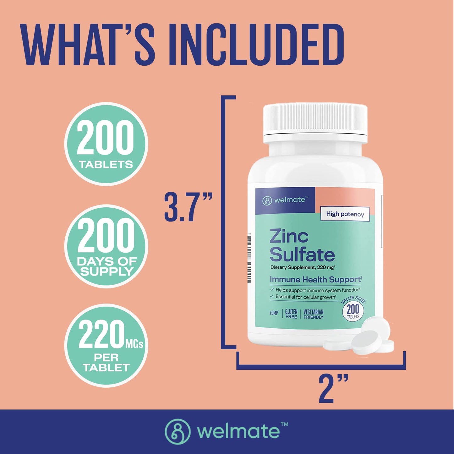 WELMATE Zinc Sulfate 220mg | Immune Support | Dietary Supplement | Made in USA