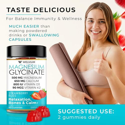 WELVIUM Magnesium Glycinate Gummies for Sleep & Calm – 500mg Magnesium Glycinate, D3, K2, Calcium, Zinc, B6, Ashwagandha & L-Theanine