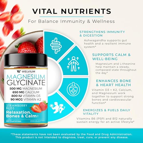 WELVIUM Magnesium Glycinate Gummies for Sleep & Calm – 500mg Magnesium Glycinate, D3, K2, Calcium, Zinc, B6, Ashwagandha & L-Theanine