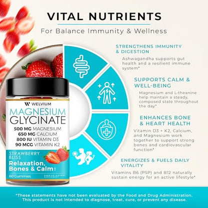 WELVIUM Magnesium Glycinate Gummies for Sleep & Calm – 500mg Magnesium Glycinate, D3, K2, Calcium, Zinc, B6, Ashwagandha & L-Theanine
