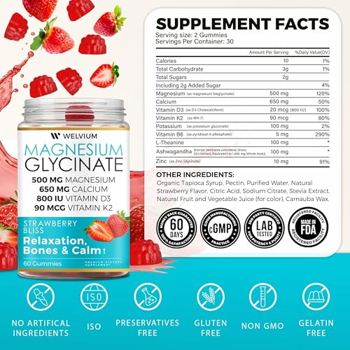 WELVIUM Magnesium Glycinate Gummies for Sleep & Calm – 500mg Magnesium Glycinate, D3, K2, Calcium, Zinc, B6, Ashwagandha & L-Theanine