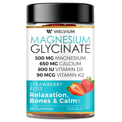 WELVIUM Magnesium Glycinate Gummies for Sleep & Calm – 500mg Magnesium Glycinate, D3, K2, Calcium, Zinc, B6, Ashwagandha & L-Theanine