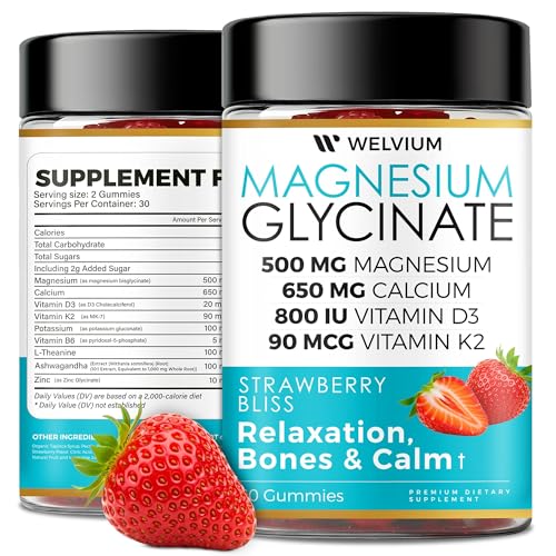 WELVIUM Magnesium Glycinate Gummies for Sleep & Calm – 500mg Magnesium Glycinate, D3, K2, Calcium, Zinc, B6, Ashwagandha & L-Theanine