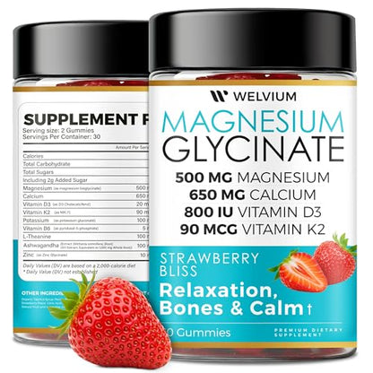 WELVIUM Magnesium Glycinate Gummies for Sleep & Calm – 500mg Magnesium Glycinate, D3, K2, Calcium, Zinc, B6, Ashwagandha & L-Theanine