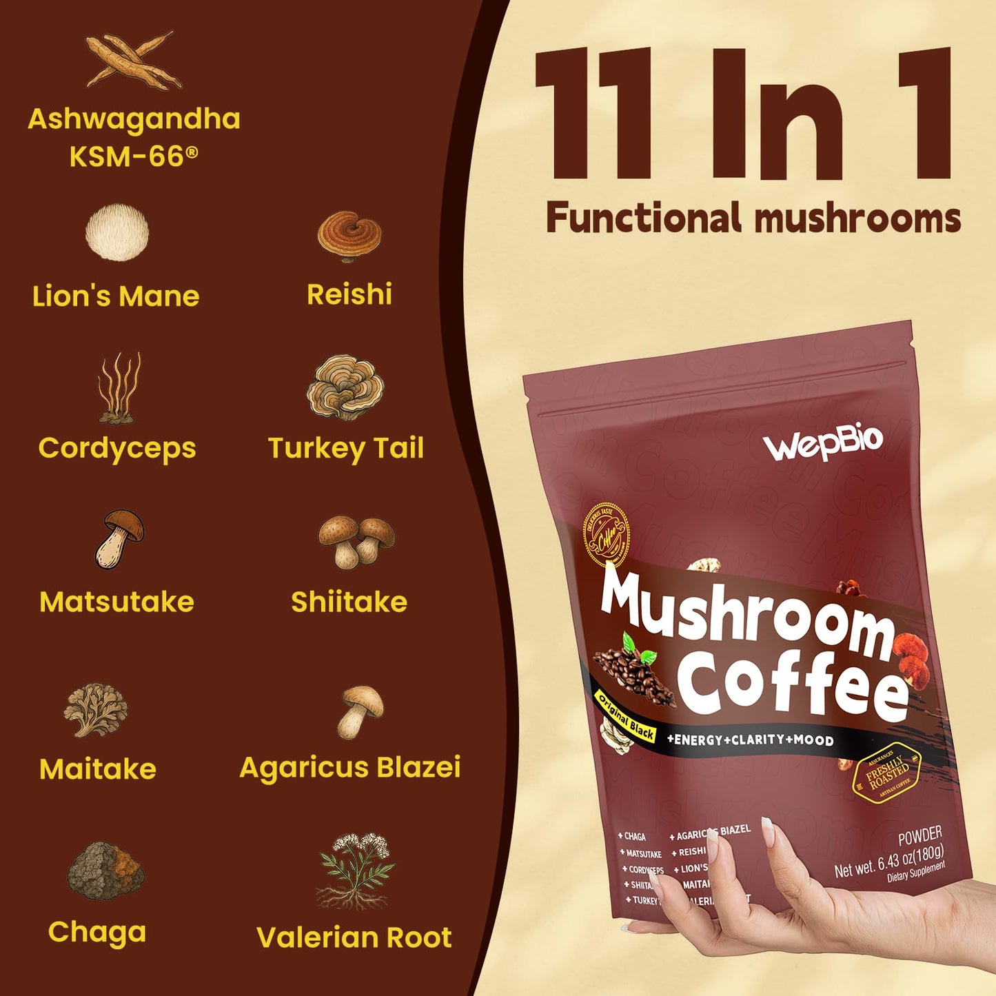 WepBio Mushroom Coffee Original Black 11 in 1 – Adaptogenic Ashwagandha KSM-66