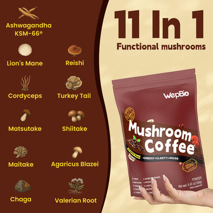 WepBio Mushroom Coffee Original Black 11 in 1 – Adaptogenic Ashwagandha KSM-66