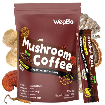 WepBio Mushroom Coffee Original Black 11 in 1 – Adaptogenic Ashwagandha KSM-66