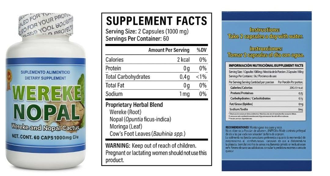 Wereke & Nopal Capsules – 60 Count (1000 mg Each) – Natural Herbal Supplement – Traditional Mexican Blend by Lo + Natural