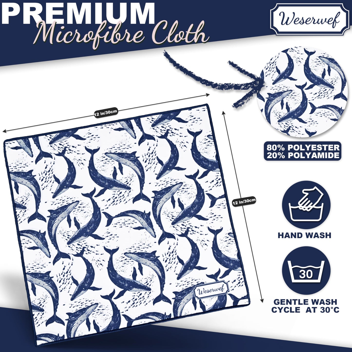 WESERWEF Design Microfiber Glasses Cleaning Cloth – 12 x 12 in Ultra-Soft & Scratch-Free (Whales)