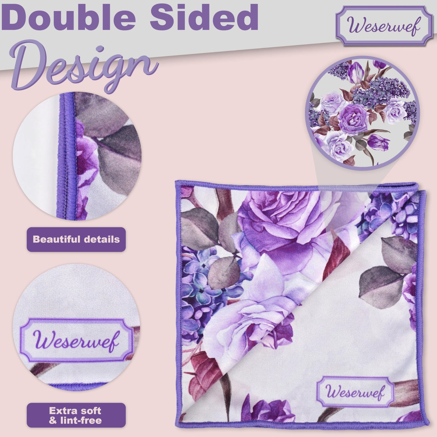 Weserwef Design Microfiber Glasses Cleaning Cloth – 12x12 in Rose & Lilac | Ultra-Soft, Scratch-Free