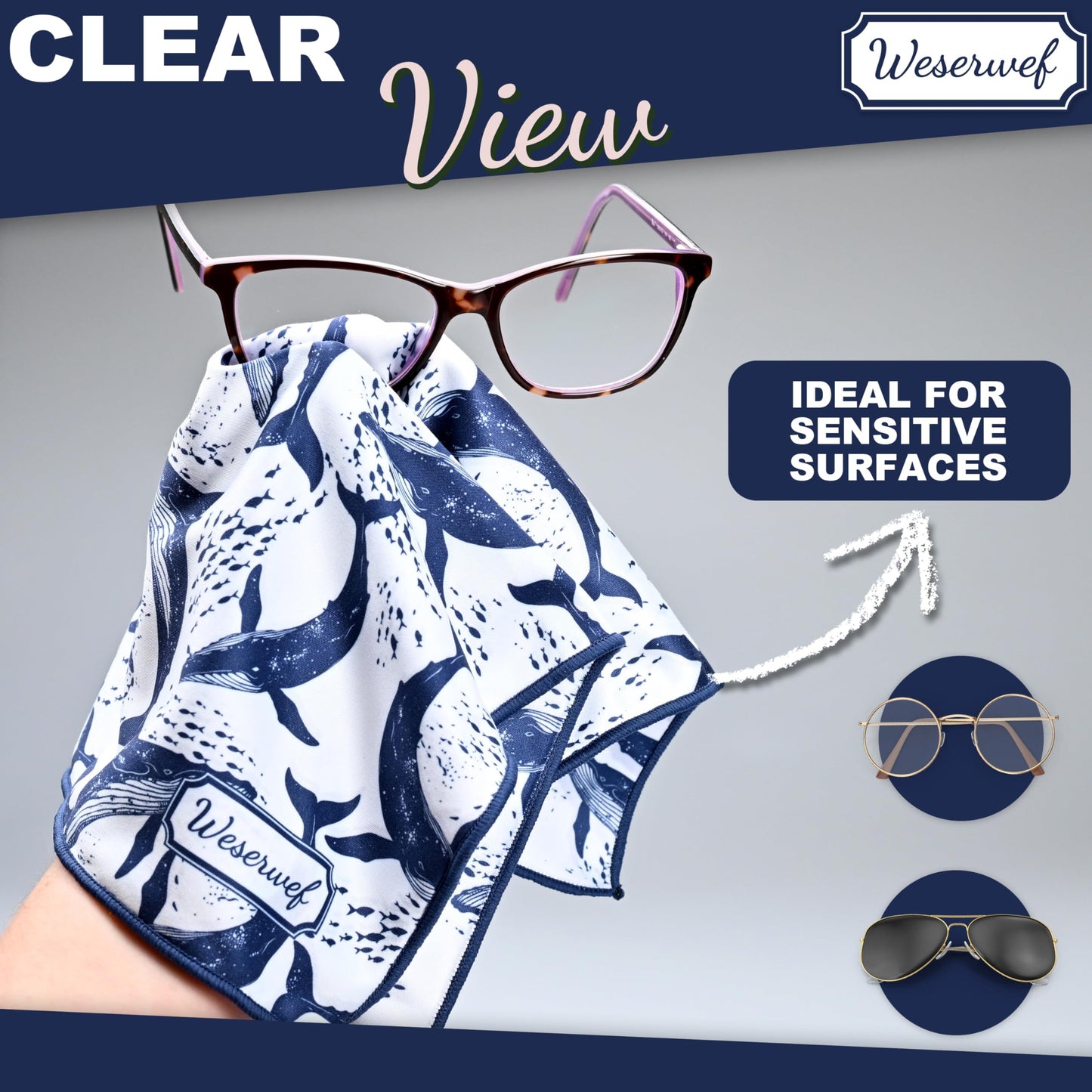 WESERWEF Design Microfiber Glasses Cleaning Cloth – 12 x 12 in Ultra-Soft & Scratch-Free (Whales)