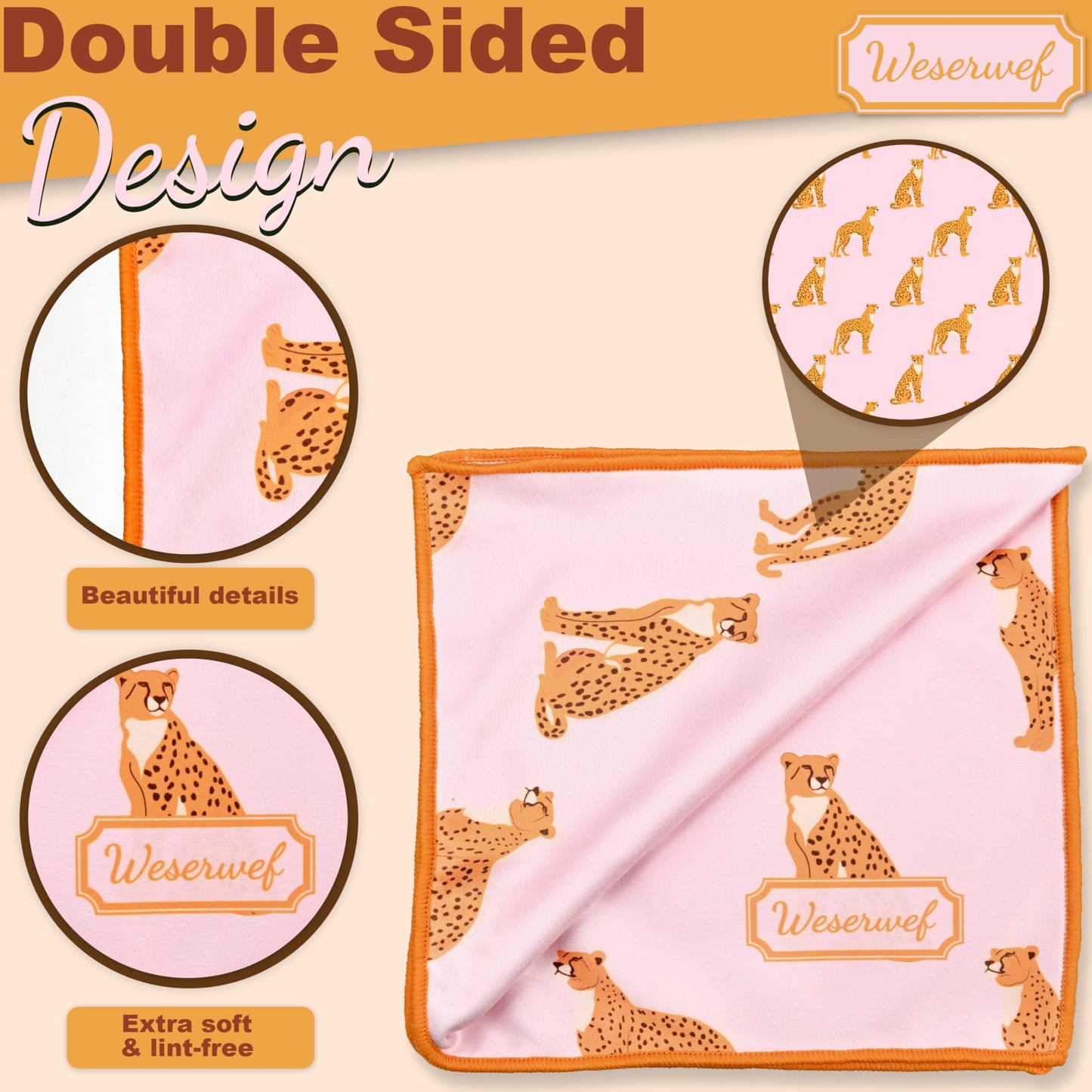 WESERWEF Design Microfiber Glasses Cleaning Cloth – 12x12 in | Ultra-Soft, Scratch-Free | Eyeglasses, Screens & Lenses | Leo Pink